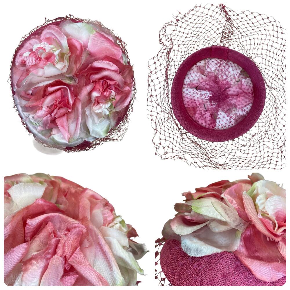 1950s Pink Floral Fascinator Hat | Vintage Veiled Cocktail Church Wedding Hat - Picture 5 of 7